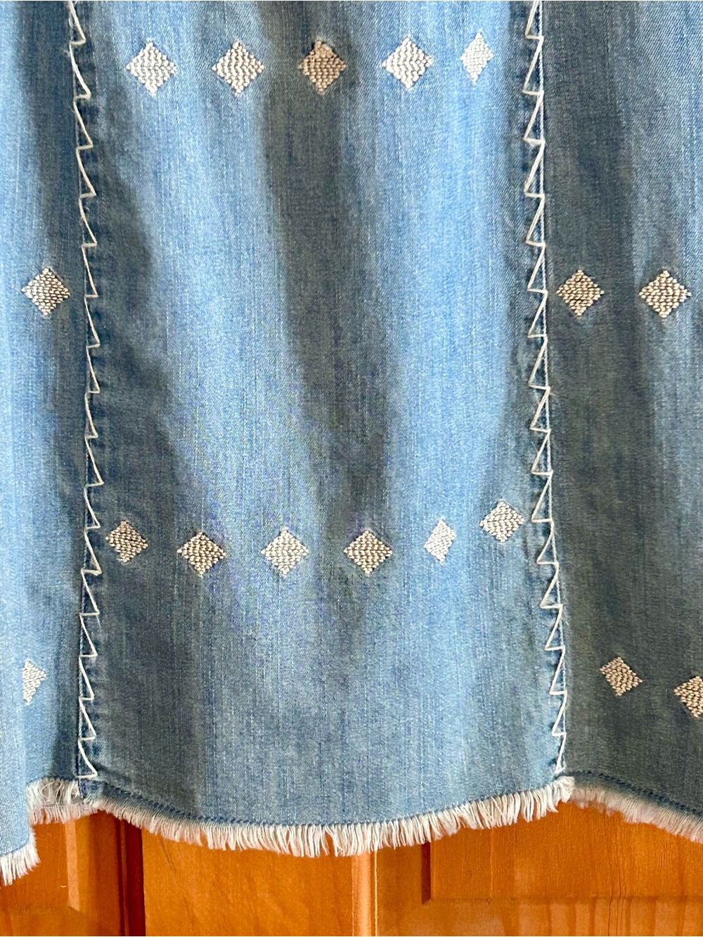 Free People Light Blue Denim Mini Dress with Cream Embroidery Accents - Picture 4 of 6